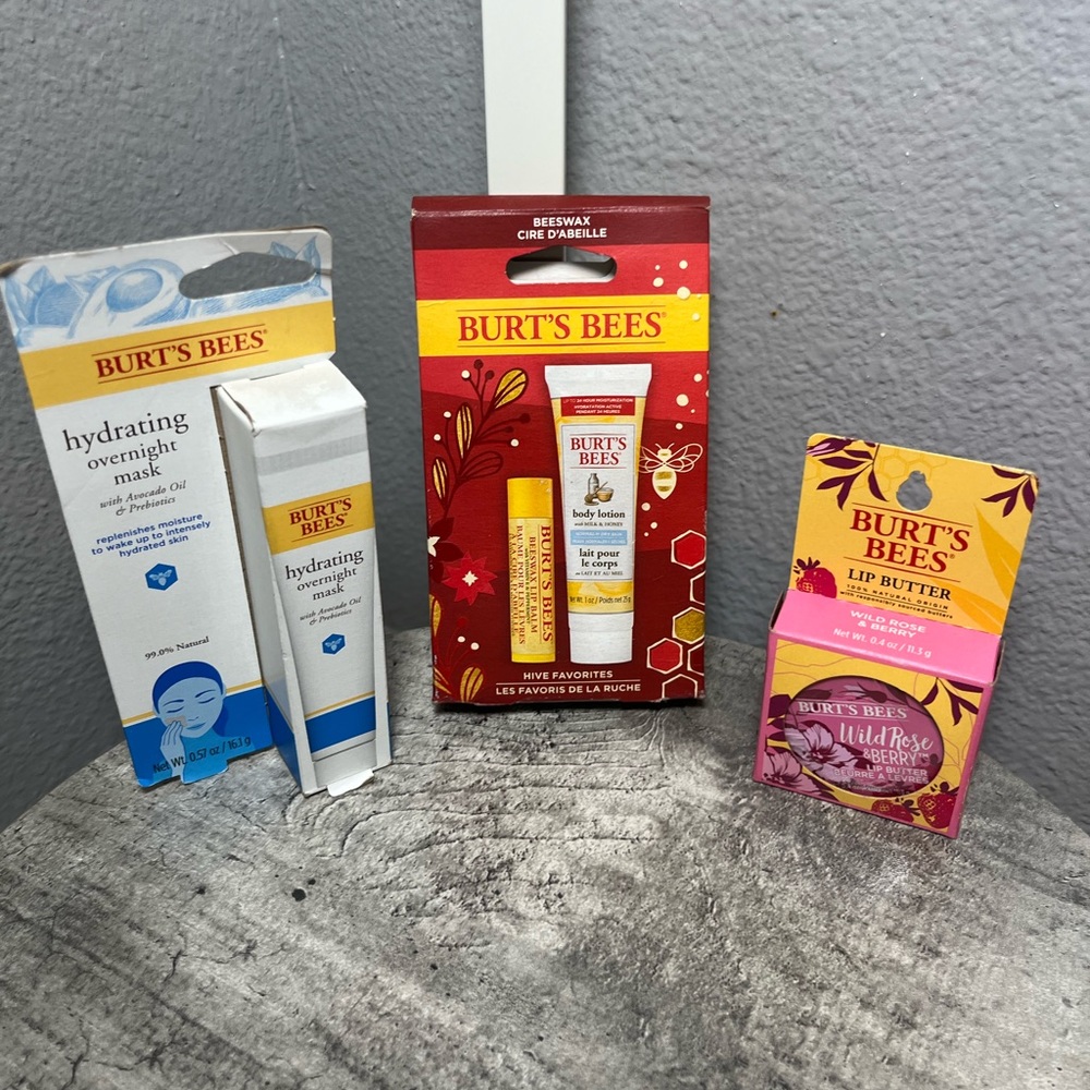 NIB Burts Bees Bundle, Lip Butter (Wild Rose), Hydrating Overnight Mask, & More